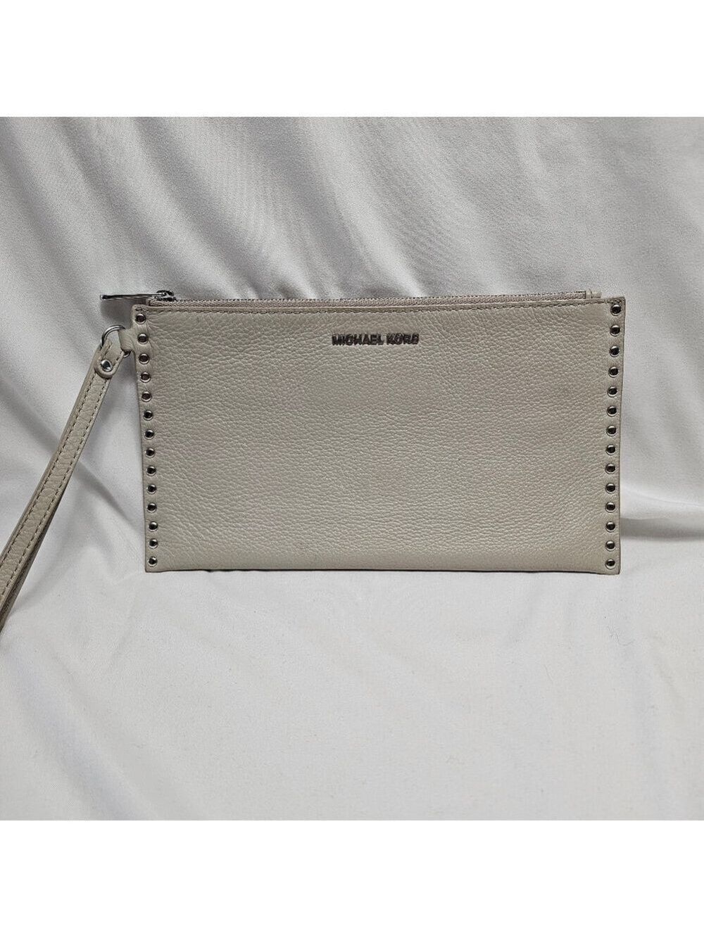 Michael Kors Selma Studded Leather Wristlet Clutch Grey Silver OS